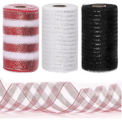 Tanstic 3 Rolls Mesh Ribbon, Christmas Deco Mesh Metallic Foil White Red Black Mesh Ribbon Rolls for Wreaths, Gift Wrapping, Party Decorations (6 Inches x 10 Yards Per Roll)