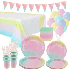 Gold Dot Party Tableware Supplies - Serves 25, Rainbow Pastel Party Decoration Tableware Includes Plates, Cups, Napkins, Straws, Banner, Tablecloth