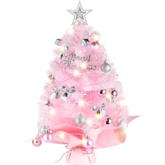Xinlie Mini Christmas Tree Pink 45 cm Small Christmas Tree with Lighting DIY Christmas Tree Table Christmas Tree with LED Lighting and Christmas Baubles in Pink and Silver for Home Office Shop Desktop