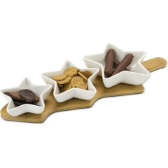 ROMINOX Tre Stella 4-Piece Set of 3 Ceramic Bowls on Bamboo Board with Handle for Presenting Snacks, Cookies or Dips Approx. 42 x 15.5 x 5.3 cm