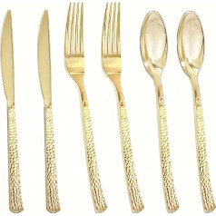 Deluxe Polished Plastic Cutlery Set, Reusable Gold Plastic Cutlery with 25 Knives, 25 Forks and 25 Spoons, Perfect for Birthday, Party, Wedding, Christmas, Camping, Pack of 75 (Gold)