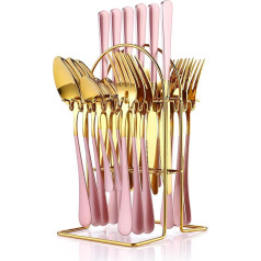 Maxspace Cutlery Set for 6 People, 24-Piece Silver-Coloured Stainless Steel Flatware Set with Cutlery Holder, Spoon, Forks and Knives, Cutlery Set for Home, Restaurant, Getting Together (Rose Gold)