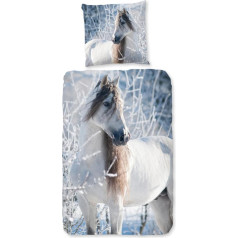 Aminata kids Flannelette Bed Linen 135 x 200 cm Children's Horse Motif Girls Flannel Cotton with Zip Warm & Soft Horse Bed Linen Children's Reversible Bedding Set Animals Mould
