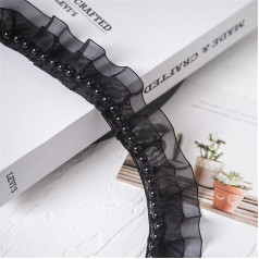 3 Yards 3.5 cm Pearl Decorated Ruffled Mesh Lace Trim for Fabric Decoration on Skirt Hem and Neckline, Lace Ribbon Decorative Border Lace Border Ribbons Ruffle Trim Lace Trim Sewing Trim, Black