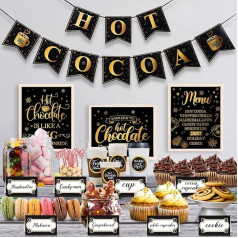 Hot Chocolate Bar Decoration Kit Hot Chocolate Bar Table Signs, Folding Labels, Large Black Gold Coffee Cup Tags Stickers and Cocoa Banner, Party Accessories for Christmas, New Year