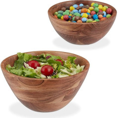 Relaxdays Salad Bowl Set of 2 Acacia Wood Salad Bowls, Set of 2, Acacia Wood, Diameter 19 & 25 cm, Round Serving Bowls for Salad, Snacks, Fruit Bowl, Brown, 90% Wood, 10% Rubber