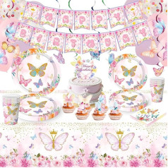NYSLDSCO 89 Piece Butterfly Party Tableware Set, Butterflies Birthday Decoration for Children Girls, Butterfly Paper Plates, Paper Cups, Napkins and Tablecloth Balloons for 10 Guests