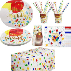 KingGair Pack of 121 Party Plates, Cups and Napkins, Tablecloth Straws, Rainbow Happy Birthday Party Tableware, Kids Birthday Decoration for 30 Guests