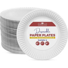 CHEF ROYALE Einweg-Pappteller für Partys, robuste weiße Teller für heiße und kalte Speisen, umweltfreundliche und biologisch abbaubare Pappteller, 22,9 cm, 100 Stück