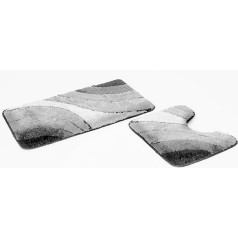 Goodway Wave 2-Piece Bath Mat Set, Grey with Cut-Out, Size: 50 x 90 cm, 50 x 45 cm, Non-Slip, Machine Washable, Suitable for Underfloor Heating
