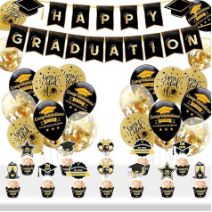 Suffolly Abschlussdekorationen Abschlussbanner und Luftballon 37pcs Schwarz Gold Graduation Party Dekorationen Happy Graduation Foto Requisiten Graduation Party Supplies für Abschlussfeier (Set B)