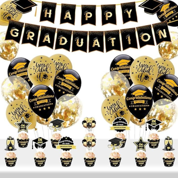 Suffolly Abschlussdekorationen Abschlussbanner und Luftballon 37pcs Schwarz Gold Graduation Party Dekorationen Happy Graduation Foto Requisiten Graduation Party Supplies für Abschlussfeier (Set B)