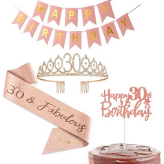 Happy 30th Birthday Party Favor Supplies for Women, 30th Birthday Sash and Tiara Crown, Rose Gold Birthday Cake Topper, Happy Birthday Banner, Gift for Women Birthday Party Decoration (30th)
