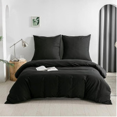 KONO DC-2 Set 200 BK Brushed Microfibre Duvet Cover with Zip Tieback + Pillowcases 80 x 80 cm with Envelope Closure (Black, 200 x 200 cm + 80 x 80 cm x 2 Pieces)