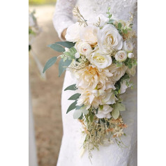 Ansofi Wedding Bouquets for Bride Cascading Bouquets for Bride Beige Rose Artificial Bridal Bouquet for Boho Rustic Wedding Ceremony Anniversary