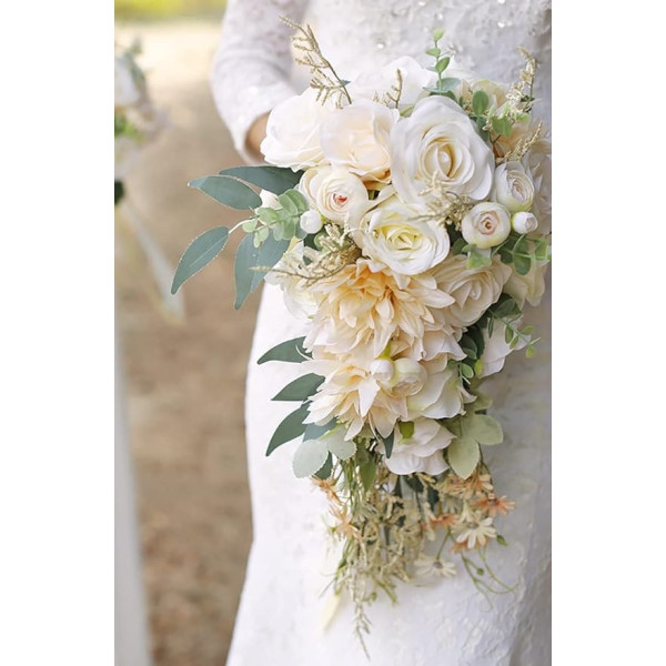 Ansofi Wedding Bouquets for Bride Cascading Bouquets for Bride Beige Rose Artificial Bridal Bouquet for Boho Rustic Wedding Ceremony Anniversary