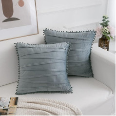 FabThing Set of 2 Velvet Cushion Covers with Tassels Striped Decorative Super Soft Home Living Room Bedroom Sofa 40 x 40 cm Grey/Blue