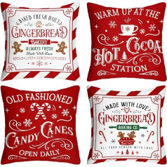 Snylcce Set of 4 Christmas Cushion Covers - Cotton Linen Chrismas Series Decorative Happiness Letter Print Festival Decor for Home & Outdoor, 18 x 18 Inches