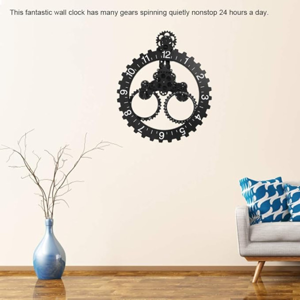 KIMISS Large Gear Wall Clock, Modern 3D Wall Clock, Modern Large Wall Art, Rotary Wheel Clock, Mechanical Calendar Wheel, Black