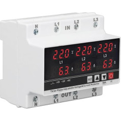 Under Voltage Protector, 3 Phase, 3 Wires, 4 Wires, Voltmeter, Ammeter, DIN Rail, Adjustable Overcurrent Protection, AC120V-300V, 63A