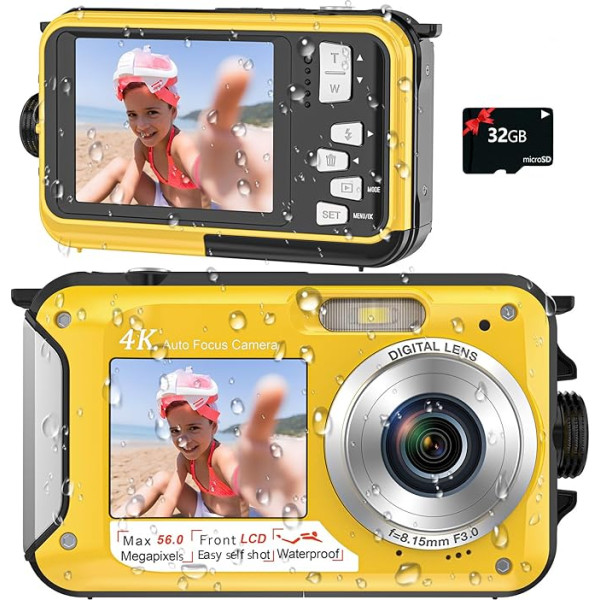 Digital Camera Auto Focus 56MP 4K Camera 16x Digital Zoom 2.7 Inch Screen Underwater Camera with 32GB Card