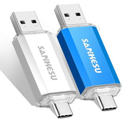SANKESU 128GB Pack of 2 USB Stick 3.0 USB C Flash Drives USB-A & Type-C OTG Memory Stick, Dual Memory Sticks for PC/Tablet/Laptop/Type C Mobile Phone (Silver + Blue)