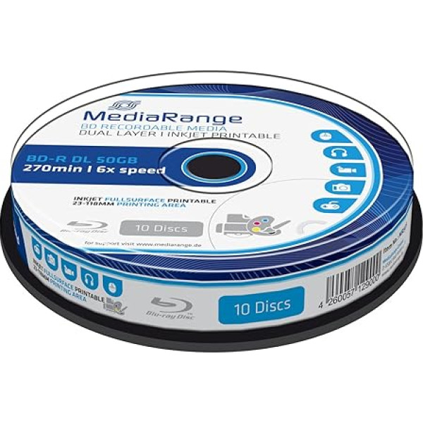 MediaRange BD-R 50GB Printable MR509 Single Side, Double Layer, color white
