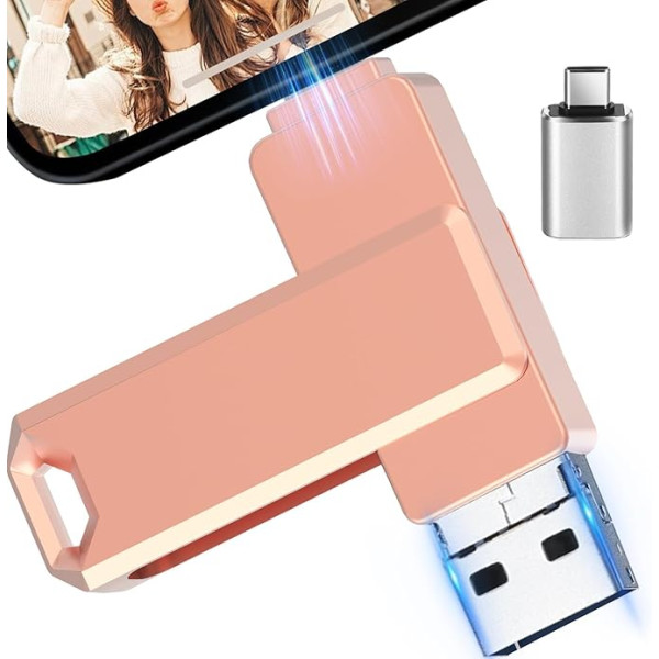 512 GB USB Stick for Phone, Puhea 3-in-1 USB Disk Memory Stick with Type Adapter, Photo Stick Pink