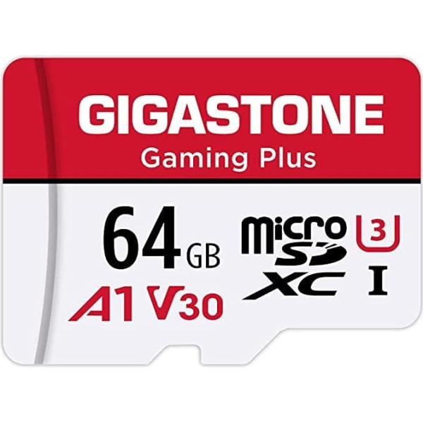 Gigastone Gaming Plus 64GB MicroSDXC Memory Card and SD Adapter, Action Cameras and Drones, Read Speed up to 95MB/s, Full HD Video Recording, Micro SD Card UHS-I A1 U3 Class 10