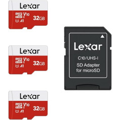 Lexar Micro SD Card 32 GB Pack of 3 Memory Cards Micro SD with SD Adapter, Up to 100 MB/s Read Speed, UHS-I, U1, A1, V10, C10, microSDHC Memory Card