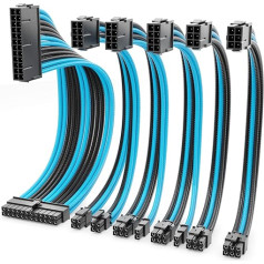 deleyCON Power Supply Cable Extension Set 6 Pieces 30 cm Graphics Card PC Computer Motherboard ATX 24-Pin EPS 4+4-Pin PCI Express 6+2-Pin & 6-Pin Power Cable Male to Female Black Blue