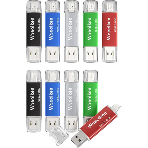WOOOLKEN USB C Stick 64 GB Pack of 10, USB Stick 2.0 Dual Memory Stick 2-in-1 for Type-C Mobile Phone/Smartphone/Laptop/Notebook/PC