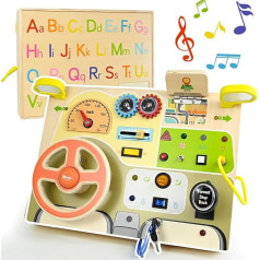 Ulikey Busy Board, Montessori Toy Activity Board with LED Light Switches, Motor Skills Toy, Wooden Toy Steering Wheel, Baby Activity Board from 2 Years, Ideal Travel Toy and Gift