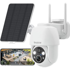 buzzai 2K Outdoor Solar Battery Surveillance Camera, WLAN Outdoor Camera, Solar Outdoor Camera, Wireless, Coloured Night Vision, 2-Way Talk, PIR Person Detection Alarm, ZY-D2