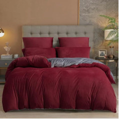 Damier Fluffy Bed Linen 200 x 200 cm Winter Red Wine Red Grey Plain Plush Reversible Bed Linen Set Cuddly Cashmere Touch Bed Linen 3-Piece with Zip and 2 Pillowcases 80 x 80 cm