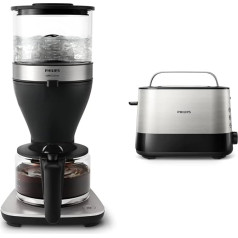 Philips Filter Coffee Maker - 1.25L Capacity, Up to 15 Cups, Boil & Brew, Black/Silver (HD5416/60) & HD2637/90 Toaster, 7 Levels, Bun Attachment, Stop Button, 1000 W, Black/Stainless Steel