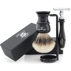 Black Colour Men's Shaving Set With Sliver Tip Badger Hair Shaving Brush,Dual Stand for both razor & Brush along & De safety Razor.