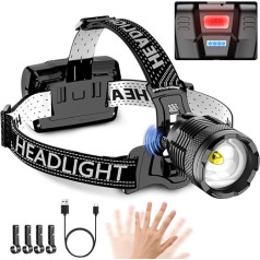 LED Rechargeable Headlamp, 20,000 Lumens, Super Bright Head Torch with Motion Sensor, 3 Light Modes, Adjustable Focus, IP68 Waterproof Headlamp for Caming, Hiking, Fishing, Photography, DIY Work