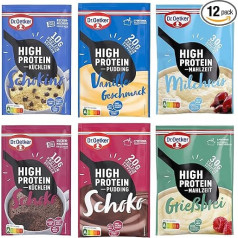 Dr. Oetker High Protein Tasting Set, Pack of 12, Cake Mix Chocolate & Chocolate, Meal Rice Pudding & Semolina Porridge, Pudding Powder Chocolate & Vanilla Flavour