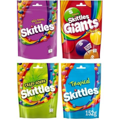 Assorted Sweet Skittles Fruit Flavoured Sharing Pouch - Cone Wild Berry 136g, Fruits Giants 132g, Crazy Sours 136g, Cone Tropical 152g (4 Packs), Multi-Colour, Multicoloured