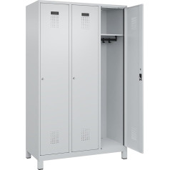 C + P Möbelsysteme C+P | Spind Evolo Plus | 3 Abteile | lichtgrau | B 1200 mm | mit Breiten Füßen | Zylinderschloss