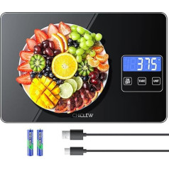 CHICLEW Rechargeable Digital Kitchen Scale, 15 kg Electronic Kitchen Scales with 5 Switchable Units & Large Tempered Glass Platform, Waterproof Food Scale, Household Scale, 24 x 16 x 2 cm