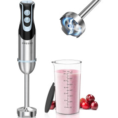 FRESKO Hand Blender, 1000 W Stainless Steel Purée Stick with 12 Speed Levels, Turbo Button, 700 ml Cup with Lid for Preparing Gravy, Baby Food and Soup