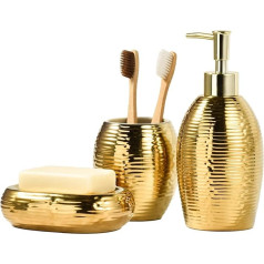 Gold Soap Dispenser Set, 3-Piece Ceramic Bathroom Accessory Set, Bathroom Soap Dish and Luxury Toothbrush Cup Set (Stripes)
