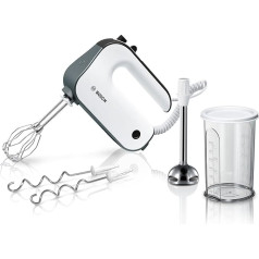 Bosch Styline MFQ49700 Hand Stirrer, 5 Levels, 2 Stainless Steel Whisk and Dough Hooks, Spiral Cable, Mixing Rod Stainless Steel, 850 W, White/Dark Silver