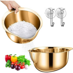 Rice Washing Bowl, Stainless Steel Rice Washing Bowl, Stainless Steel Rice Washing Bowl, Strainer for Cleaning Fruit, Vegetables and Beans with Versatile Kitchen Tool (Gold)