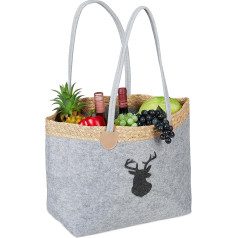 Relaxdays Felt Bag, 35 L, Shopping Bag & Firewood Basket, Foldable, Stag Motif, with Handles, Shopping Basket Felt, Grey