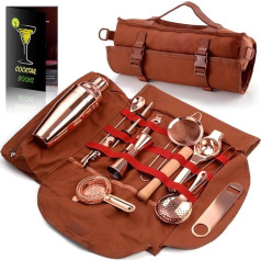 Travel Bartender Kit Bag, 17 Piece Bar Tool Set, Professional Cocktail Bar Set, Portable Waxed Canvas Bar Kit Bag with Shoulder Strap for Bartending, Parties, Camping Trips