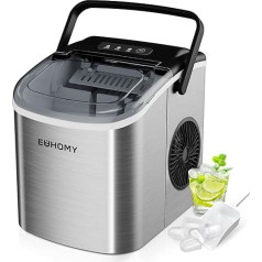EUHOMY Ice Cube Maker 12kg/24h, 9 Cubes in 6 Minutes Self-Cleaning Ice Maker with Handle, Shovel, Basket, Stainless Steel, 45dB, Silver