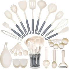 Silicone Kitchen Cooking Utensils Set, 28-Piece Heat Resistant Cooking Utensils with Utensil Holder, Non-Stick Coating, BPA-Free, Dishwasher Safe, Spatula, Whisk, Ladle, Spoon (Greyish White)